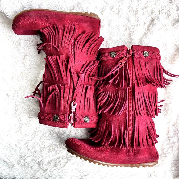 Minnetonka Suede 3-Layer Fringe Girls' Size 12 Toddler Red Zip Up Western - Picture 9 of 16